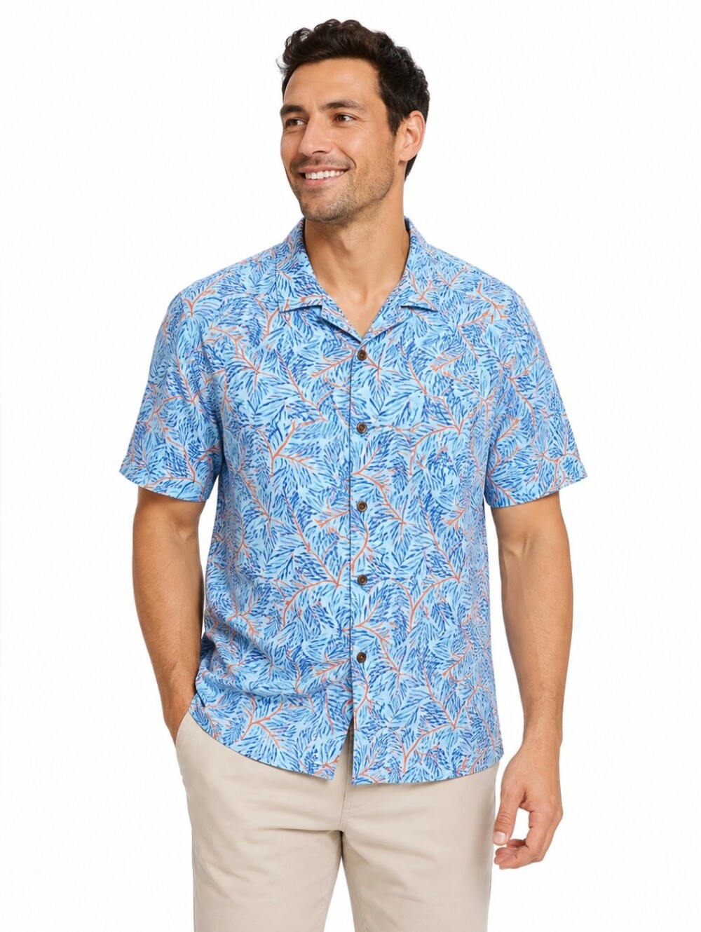 Uniqlo Blue Orange Leaf Print Men's Shirt Shirt Sleeve Buttom Up Men's Size M